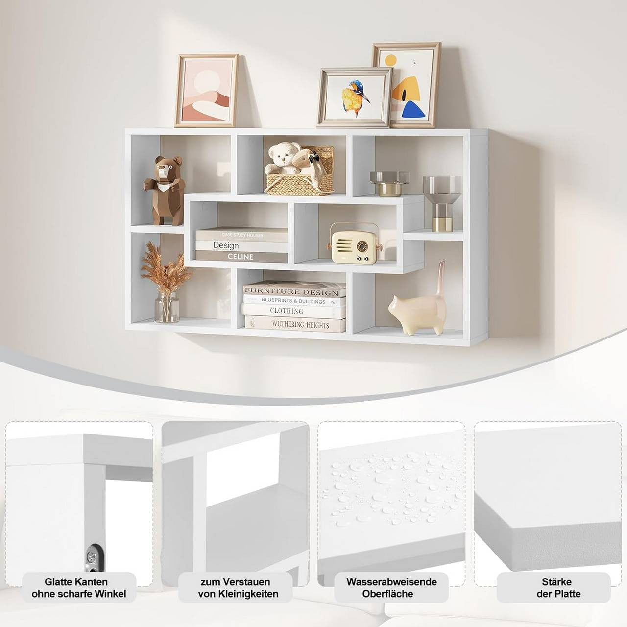 24goodz Wall Shelf with 8 Compartments - Stylish Storage Solution - Wood Material - For Home Organization - White - 85x48x16 cm