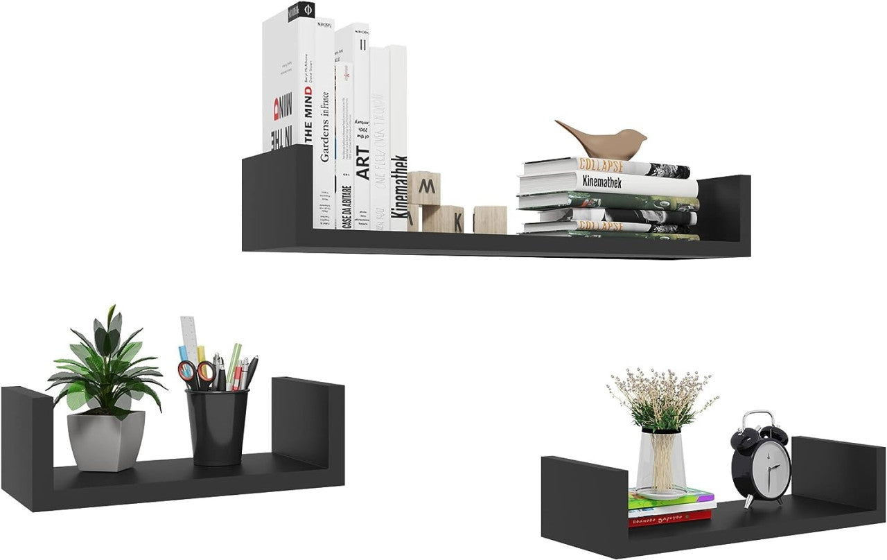 24goodz U-Shaped Floating Shelves Set - Stylish and Space-Saving - MDF - For Home Decor - Black - sz