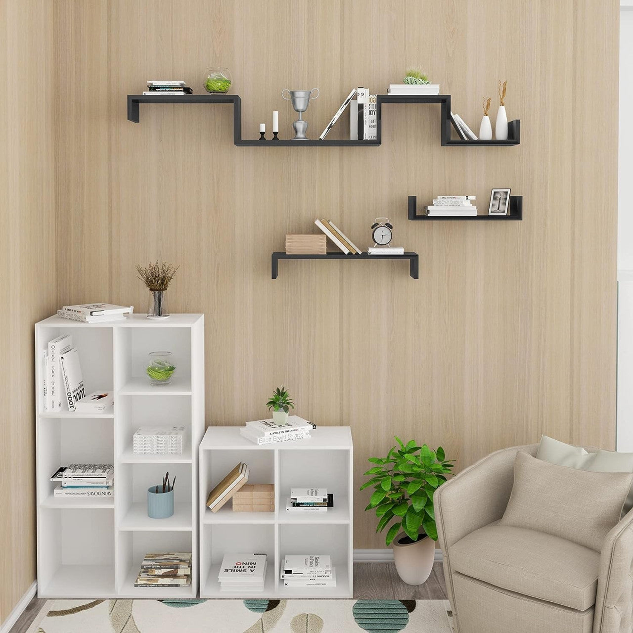 24goodz U-Shaped Floating Shelves Set - Stylish and Space-Saving - MDF - For Home Decor - Black - sz