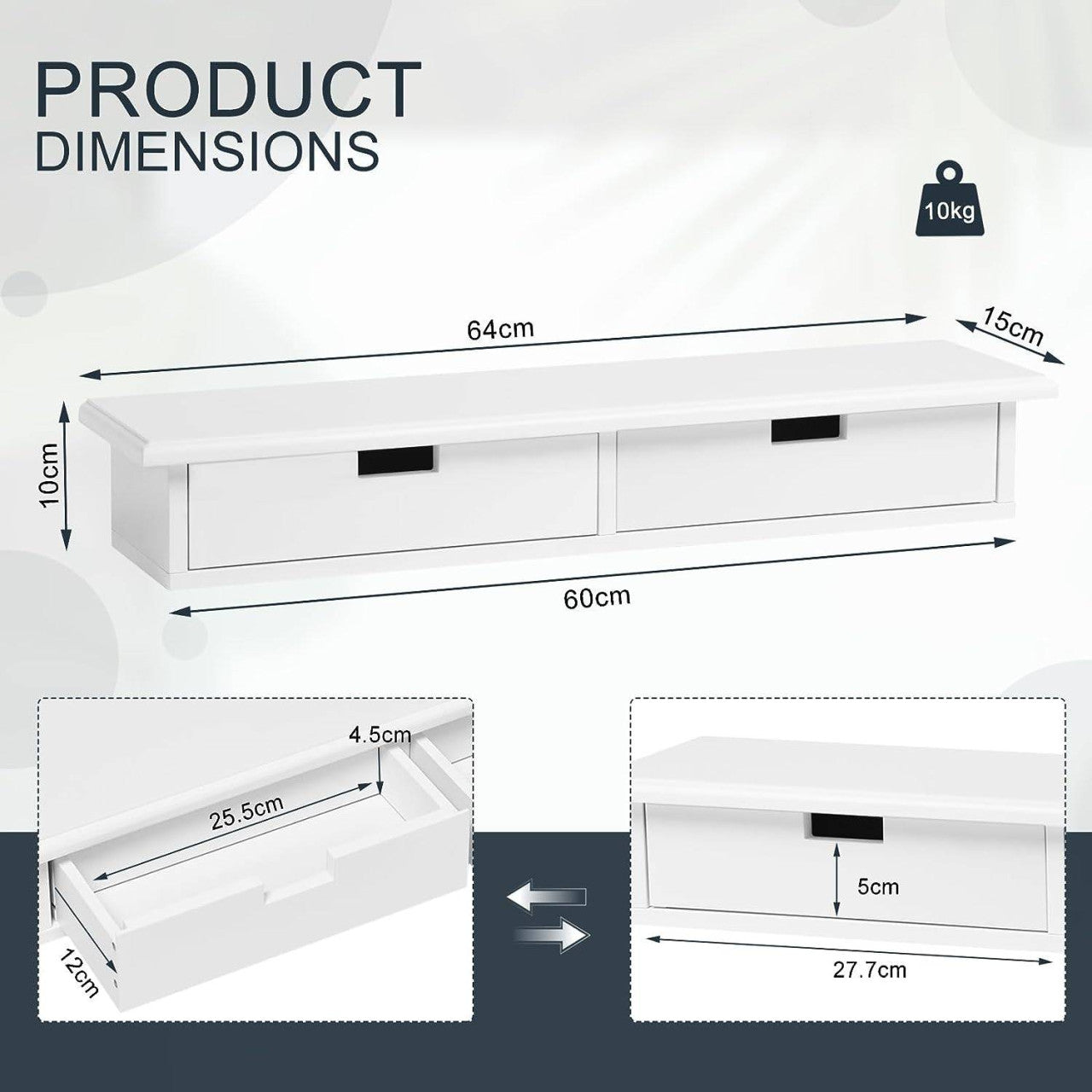 24goodz Wall Shelf with 2 Drawers - Stylish and Functional Storage - MDF - For Home Decor - White - 64 x 10 x 15 cm