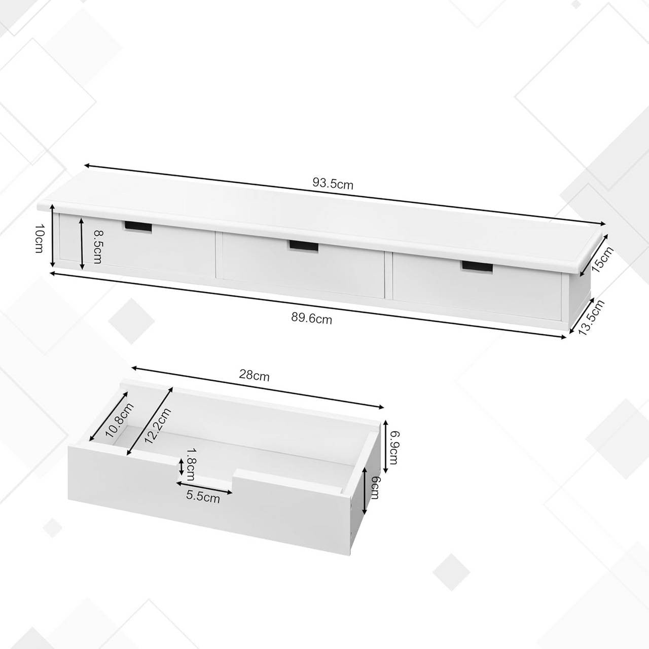 24goodz Floating Shelf with 3 Drawers - Stylish Storage Solution - MDF - For Home Decor - White
