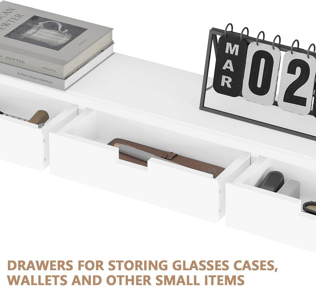 24goodz Floating Shelf with 3 Drawers - Stylish Storage Solution - MDF - For Home Decor - White