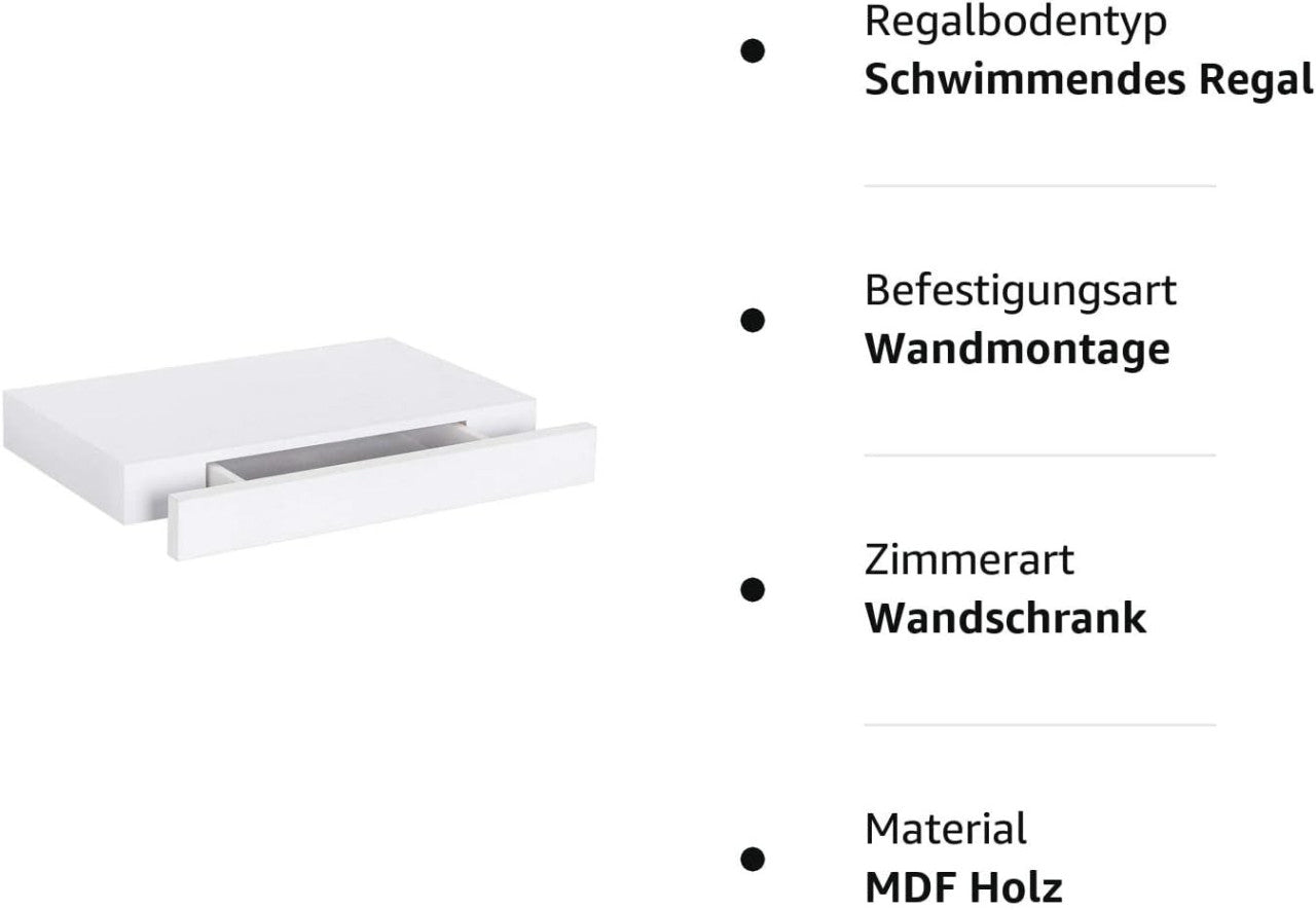 24goodz Floating Shelf with Drawer - Extra Storage Space - MDF - For Home and Living - White 40 x 25 cm - ws