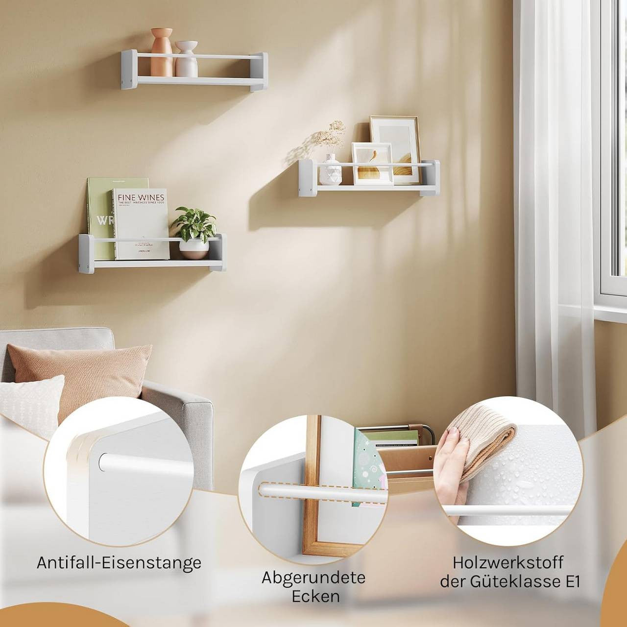 24goodz Set of 3 Wall Shelves - Sturdy and Safe Design - E1 Quality MDF and Metal - For Home Organization - White