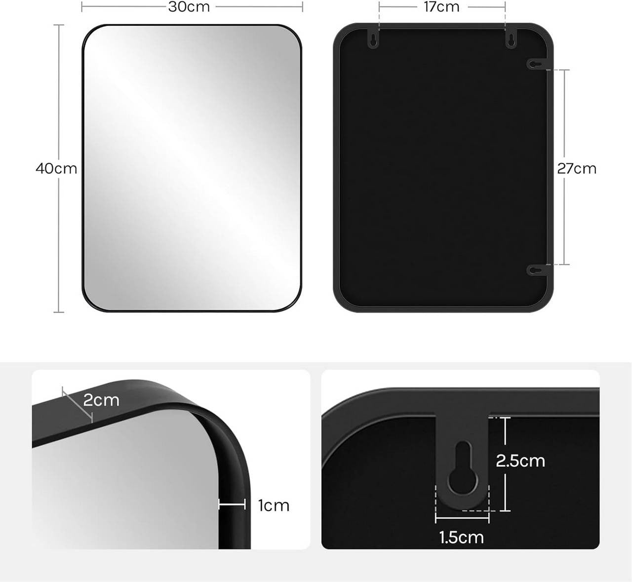 24goodz Wall Mirror with Metal Frame - Elegant Design - Break-Resistant Glass - Black - 40 x 30 cm