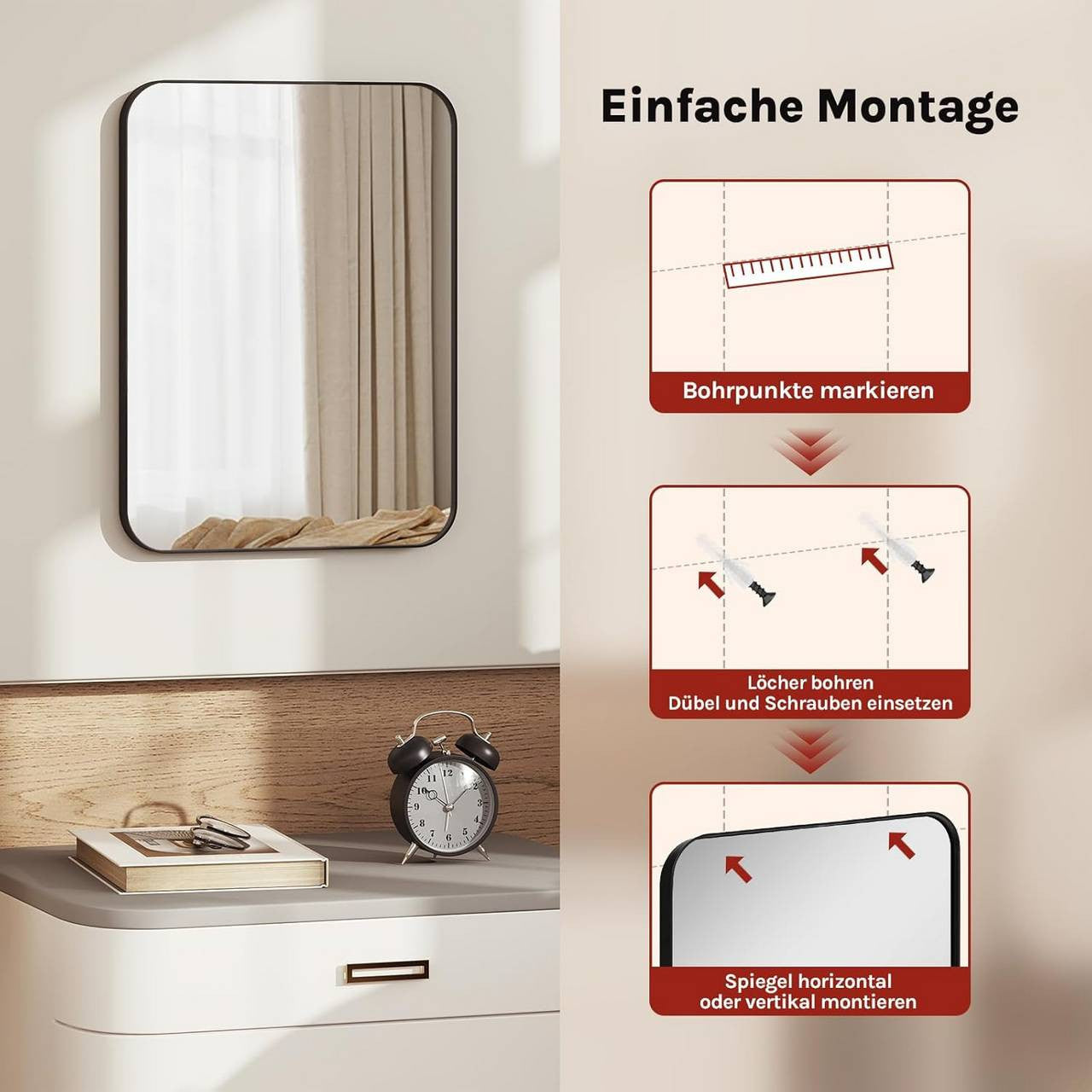 24goodz Wall Mirror with Metal Frame - Elegant Design - Break-Resistant Glass - Black - 40 x 30 cm