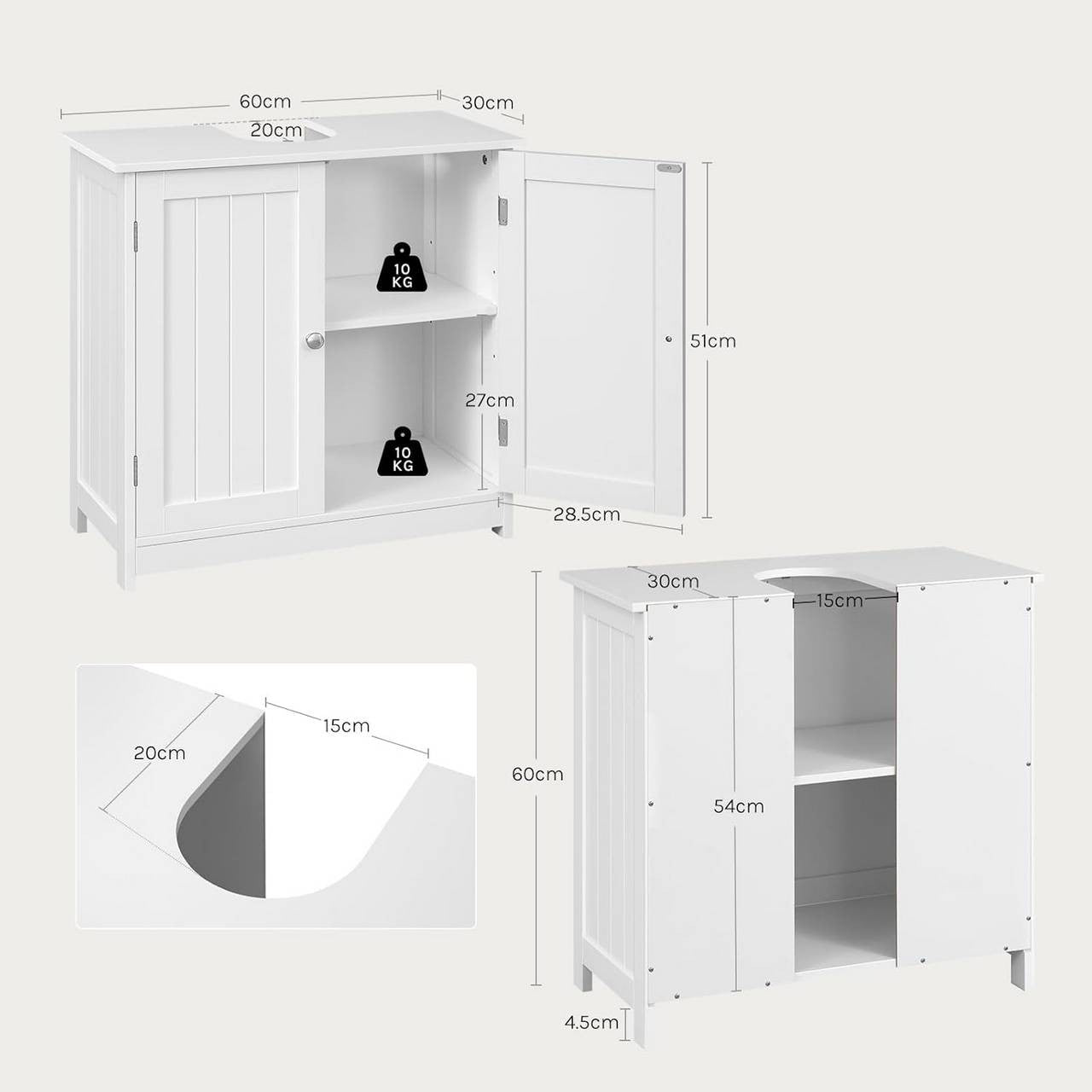 24goodz Under Sink Cabinet - Spacious Storage - Durable MDF - White - 60x60x30 cm
