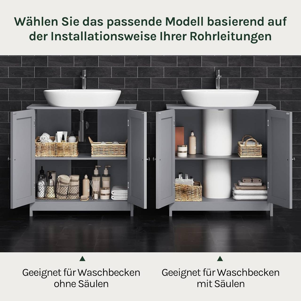 24goodz Under Sink Bathroom Cabinet - Spacious Storage - Durable MDF - For Bathroom Organization - Grey