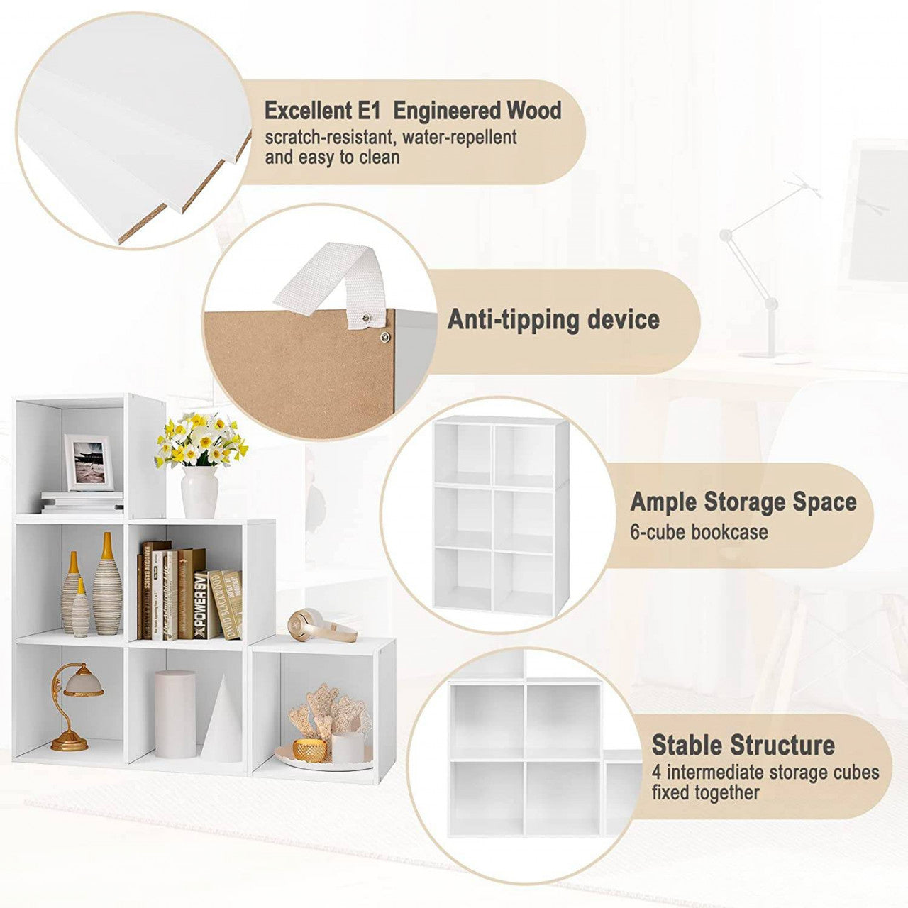 24goodz Stylish White Bookshelf - Flexible Storage Solution - E1 Standard Wood - For Home & Office - 90 x 90 x 30 cm - White - ws