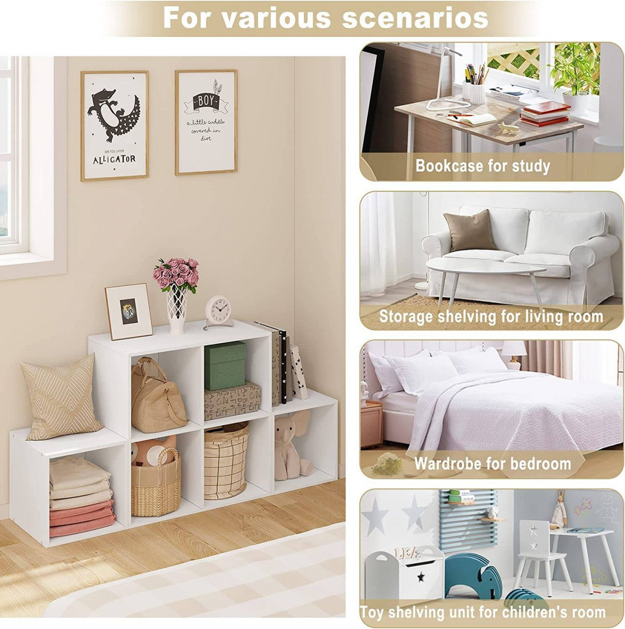 24goodz Stylish White Bookshelf - Flexible Storage Solution - E1 Standard Wood - For Home & Office - 90 x 90 x 30 cm - White - ws