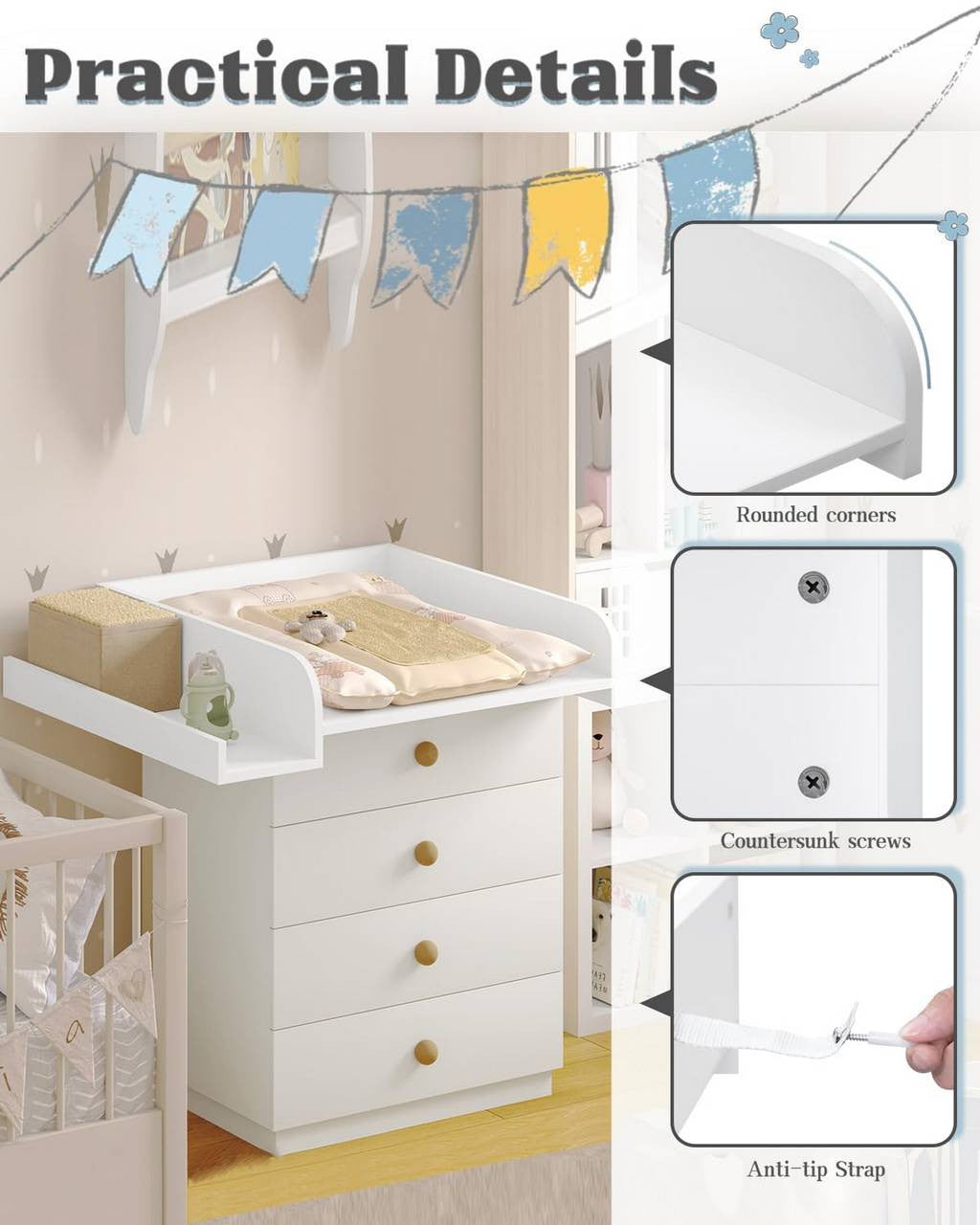 24goodz Changing Pad Attachment - Universal Fit for Convenience - Safe Material - White - 80 x 16.5 x 70 cm