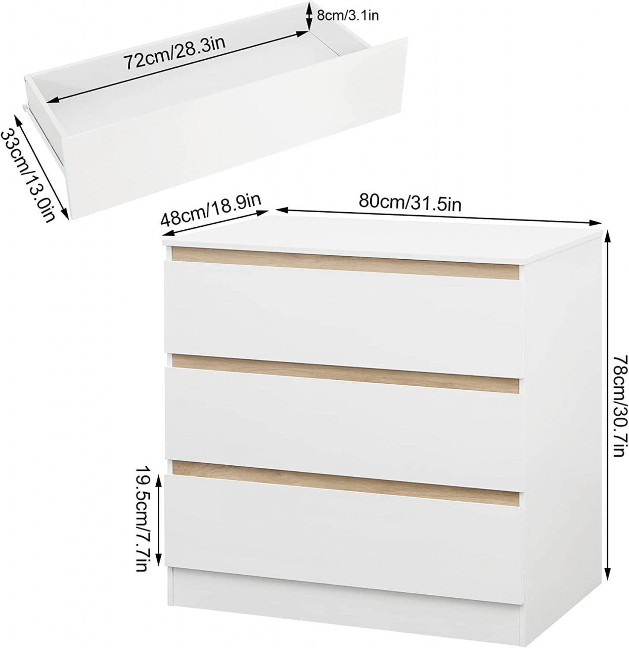 24goodz Baby Changing Table with 3 Drawers - Ample Storage Space - Durable and Safe - E1 Wood Material - White - 80 x 78 x 48 cm