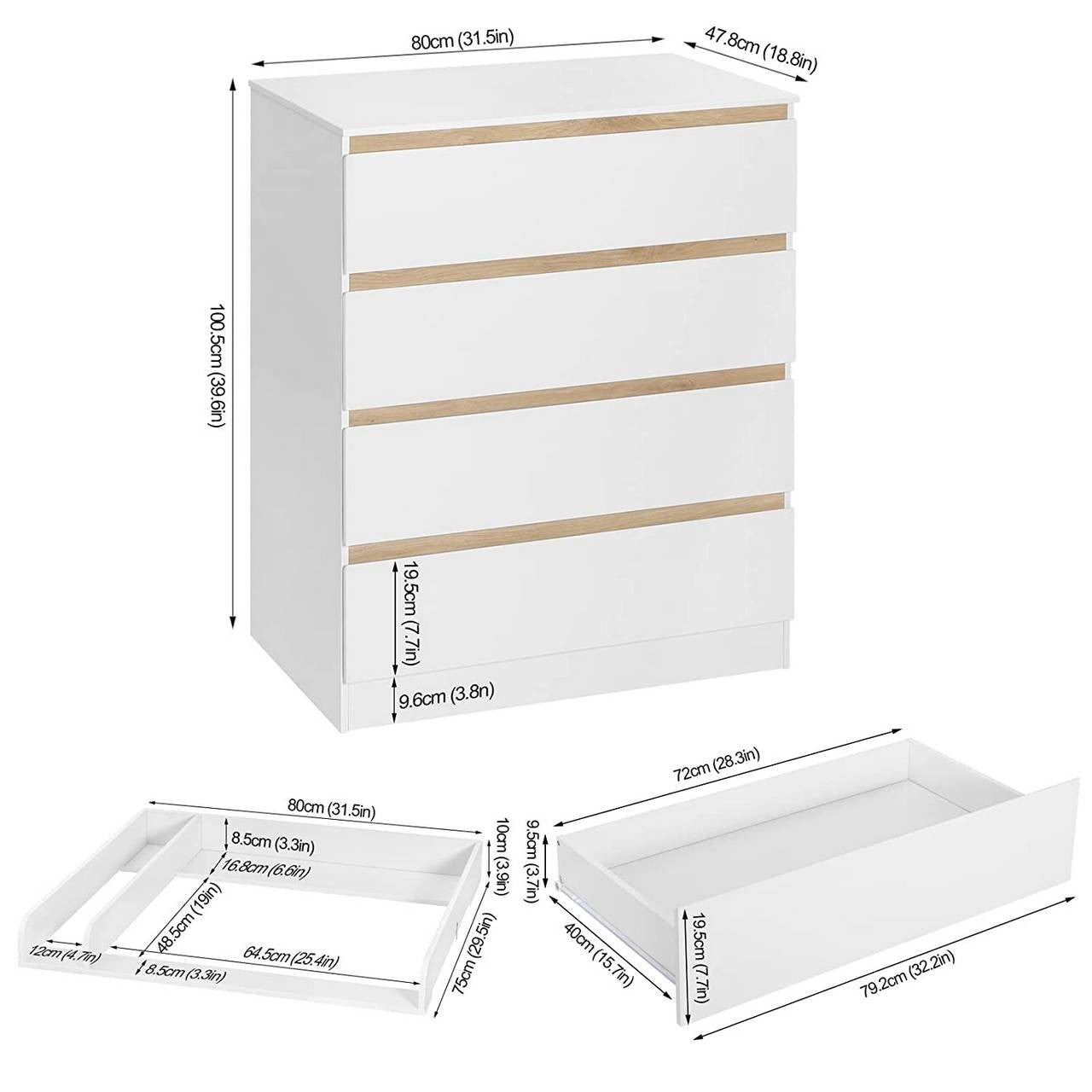 24goodz Changing Table with Removable Changing Top - Comfortable Height for Easy Access - MDF - For Parents - White - ws