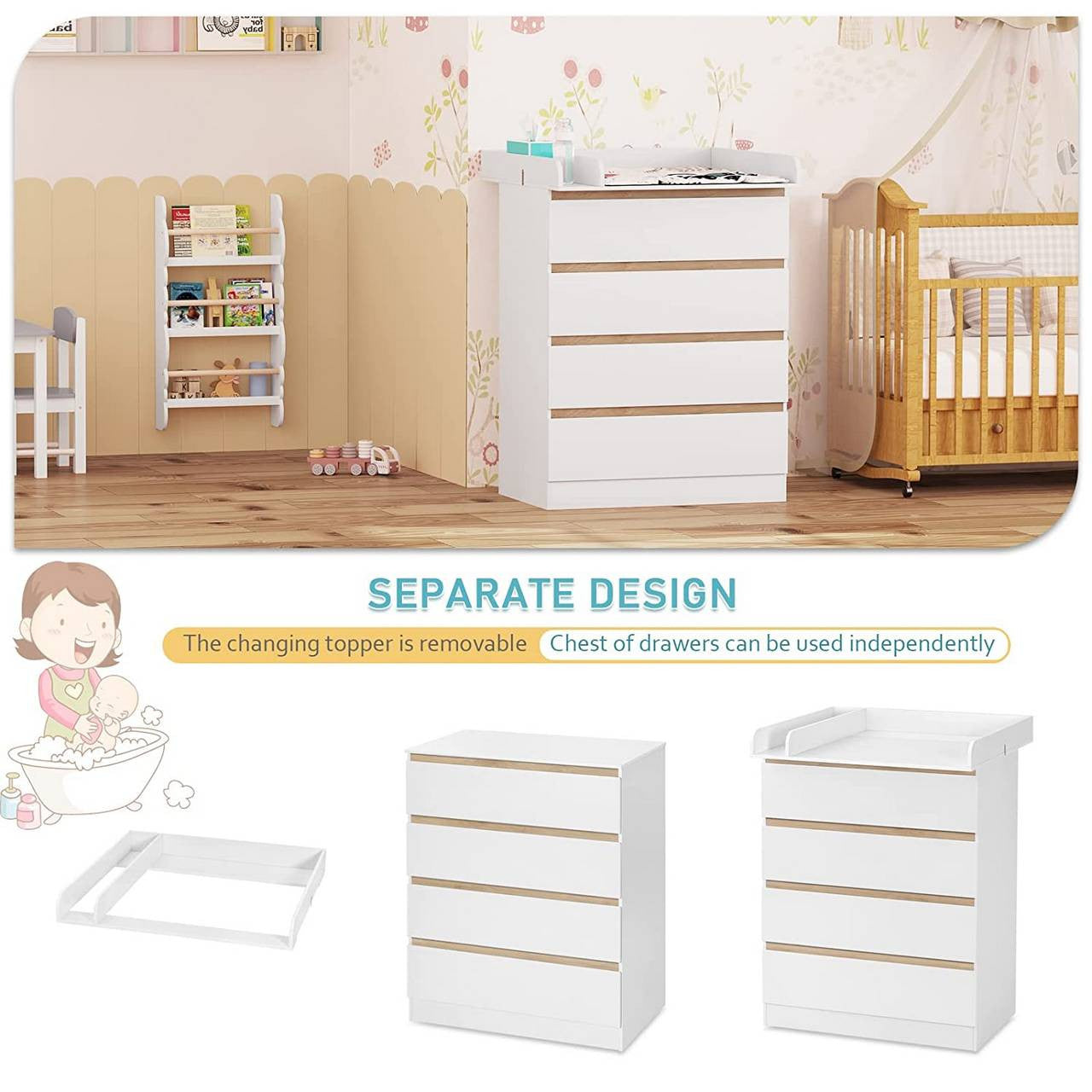 24goodz Changing Table with Removable Changing Top - Comfortable Height for Easy Access - MDF - For Parents - White - ws
