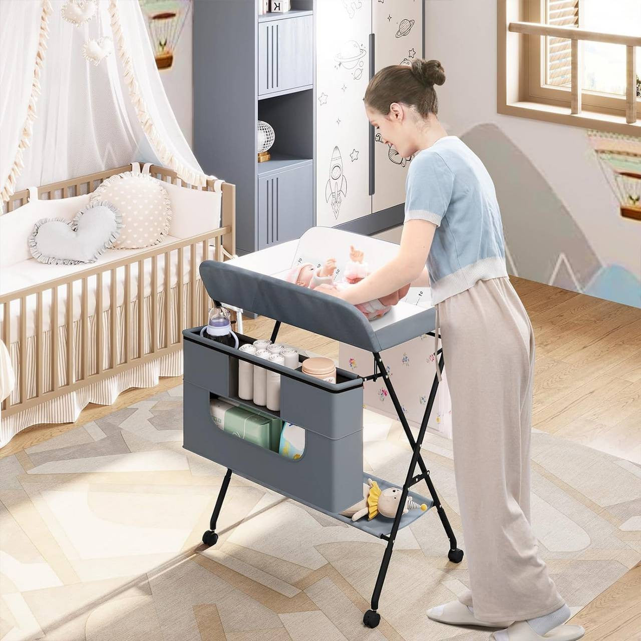 24goodz Folding Changing Table - Safe and Stable Design - Adjustable Height - Metal and Oxford Fabric - For New Parents - Grey
