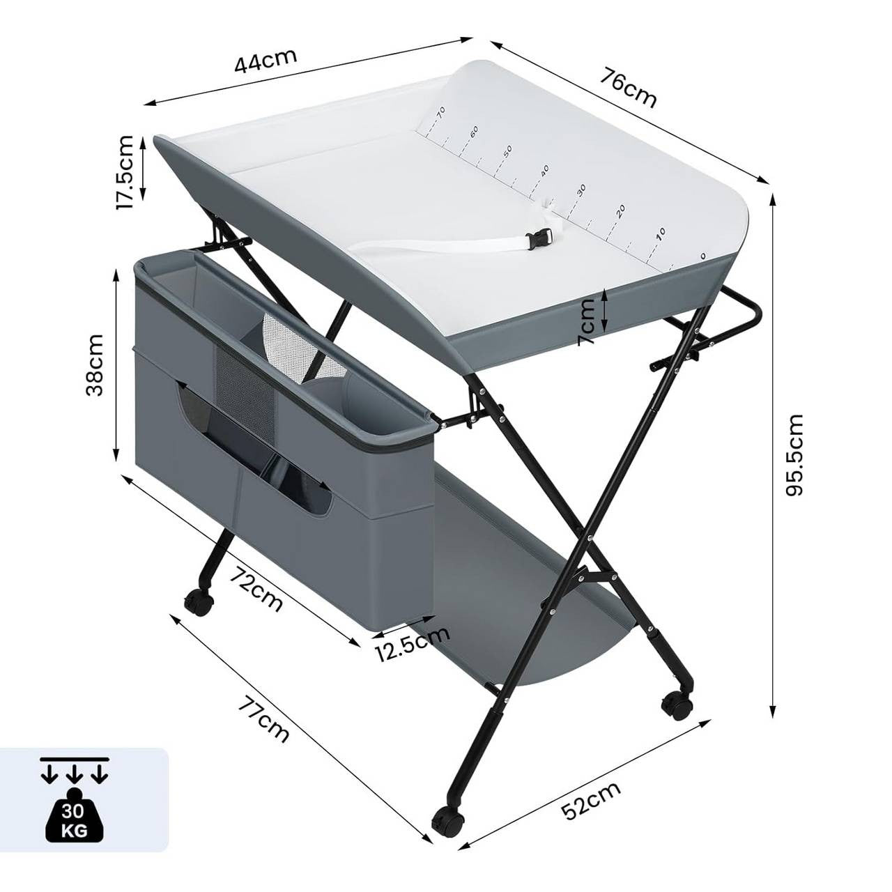 24goodz Folding Changing Table - Safe and Stable Design - Adjustable Height - Metal and Oxford Fabric - For New Parents - Grey