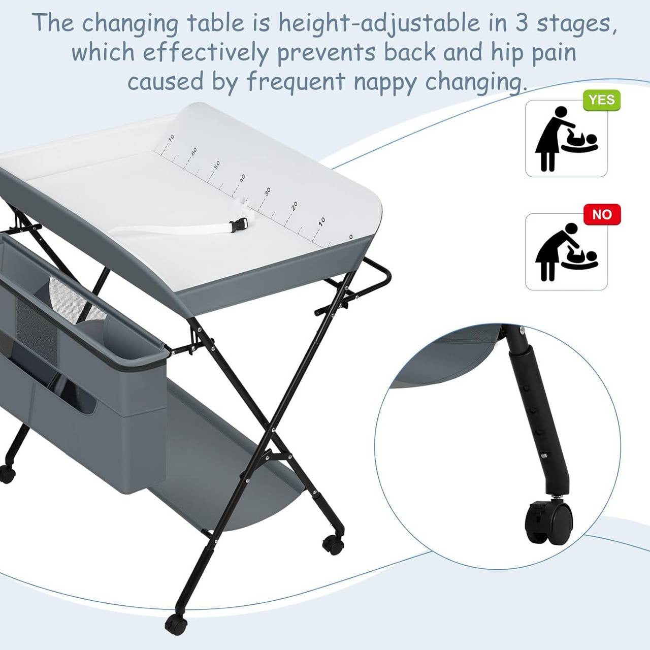 24goodz Folding Changing Table - Safe and Stable Design - Adjustable Height - Metal and Oxford Fabric - For New Parents - Grey