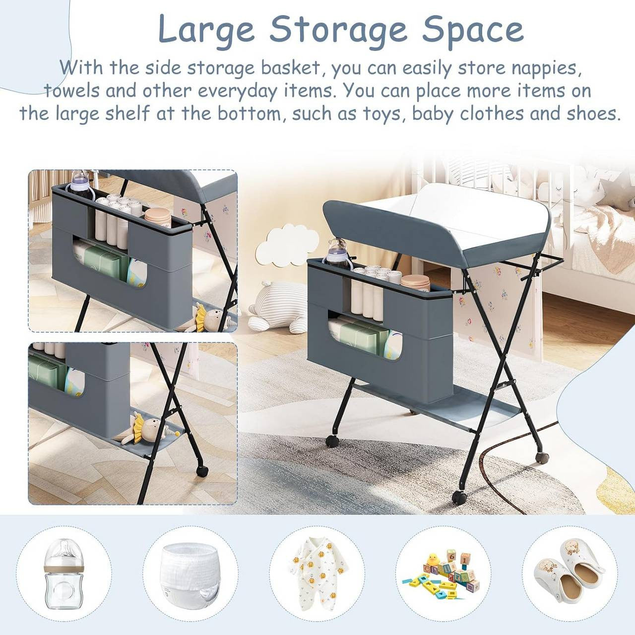 24goodz Folding Changing Table - Safe and Stable Design - Adjustable Height - Metal and Oxford Fabric - For New Parents - Grey