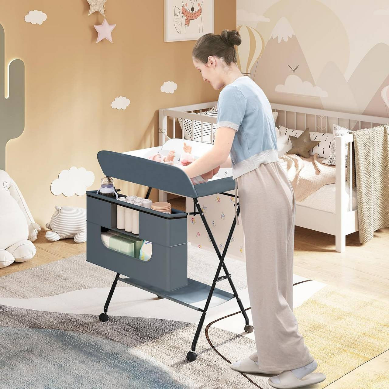 24goodz Folding Changing Table - Safe and Stable Design - Adjustable Height - Metal and Oxford Fabric - For New Parents - Grey