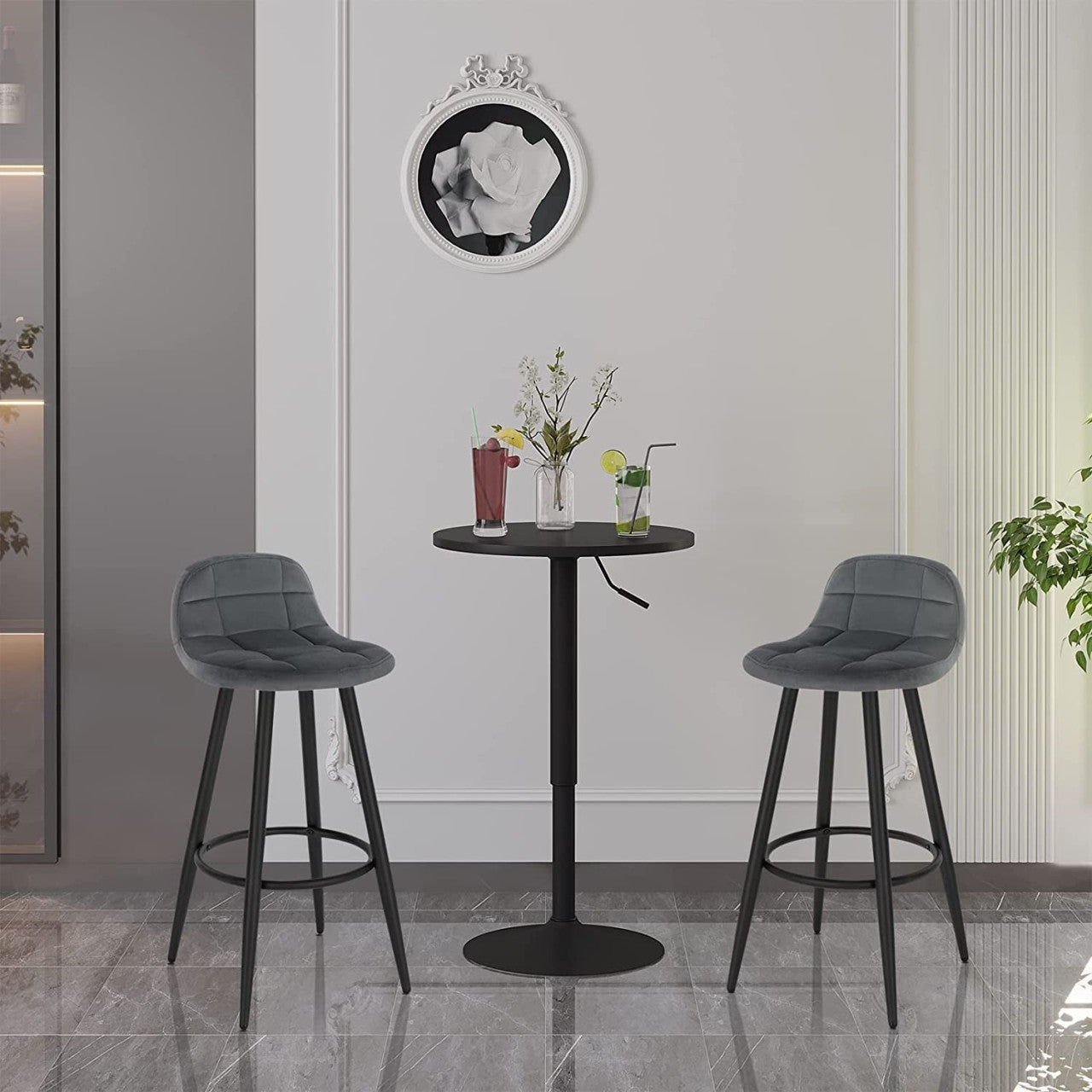 24goodz Velvet Bar Stool - Comfortable Seating - Sturdy Metal Frame - Velvet + Metal - Dark Grey - dgr