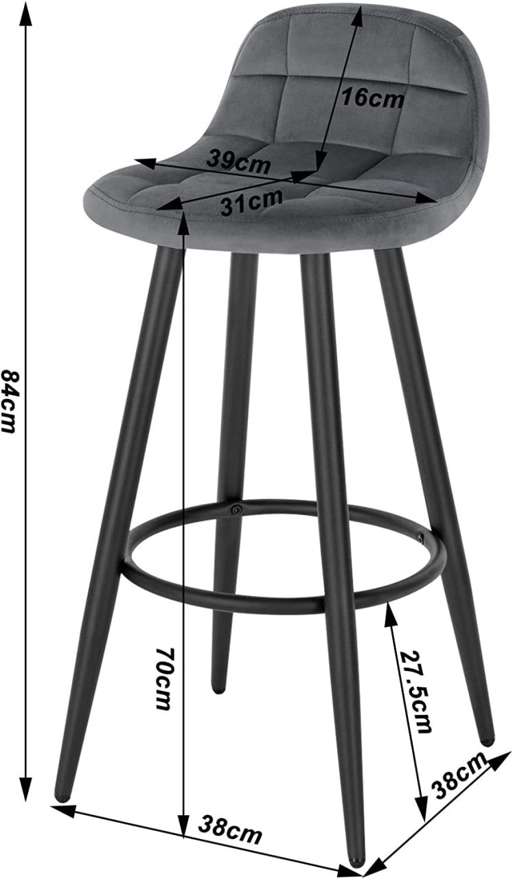 24goodz Velvet Bar Stool - Comfortable Seating - Sturdy Metal Frame - Velvet + Metal - Dark Grey - dgr