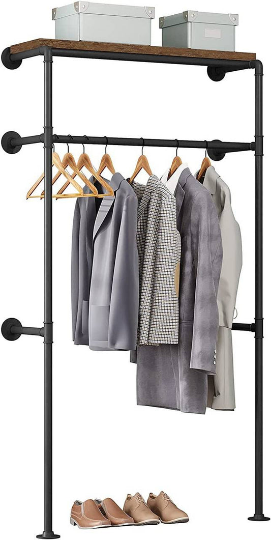 24goodz Industrial Style Clothes Rail - Robust and Stable - MDF + Metal - Black + Vintage Wood Grain - 103x35x187cm - shei