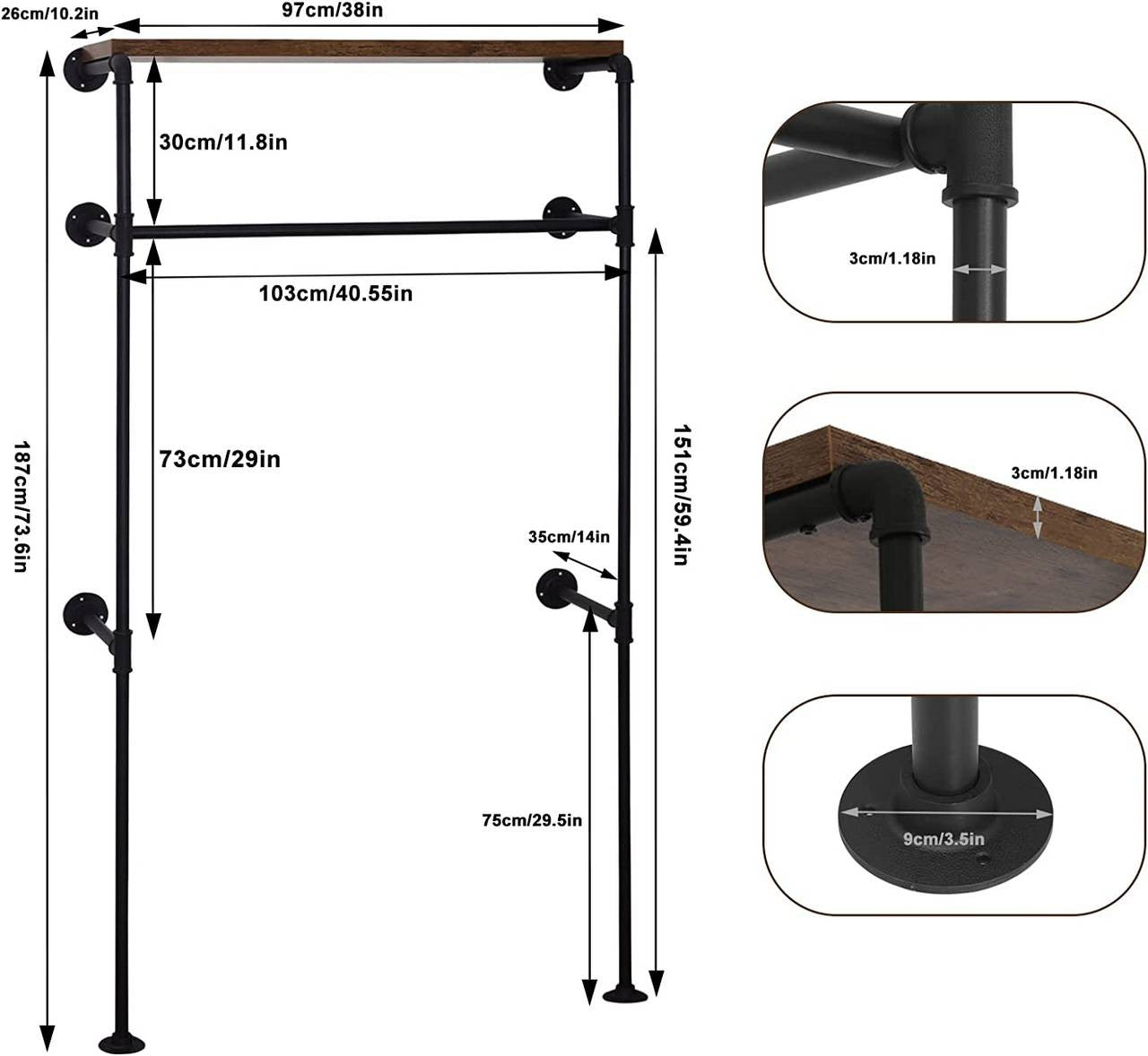 24goodz Industrial Style Clothes Rail - Robust and Stable - MDF + Metal - Black + Vintage Wood Grain - 103x35x187cm - shei