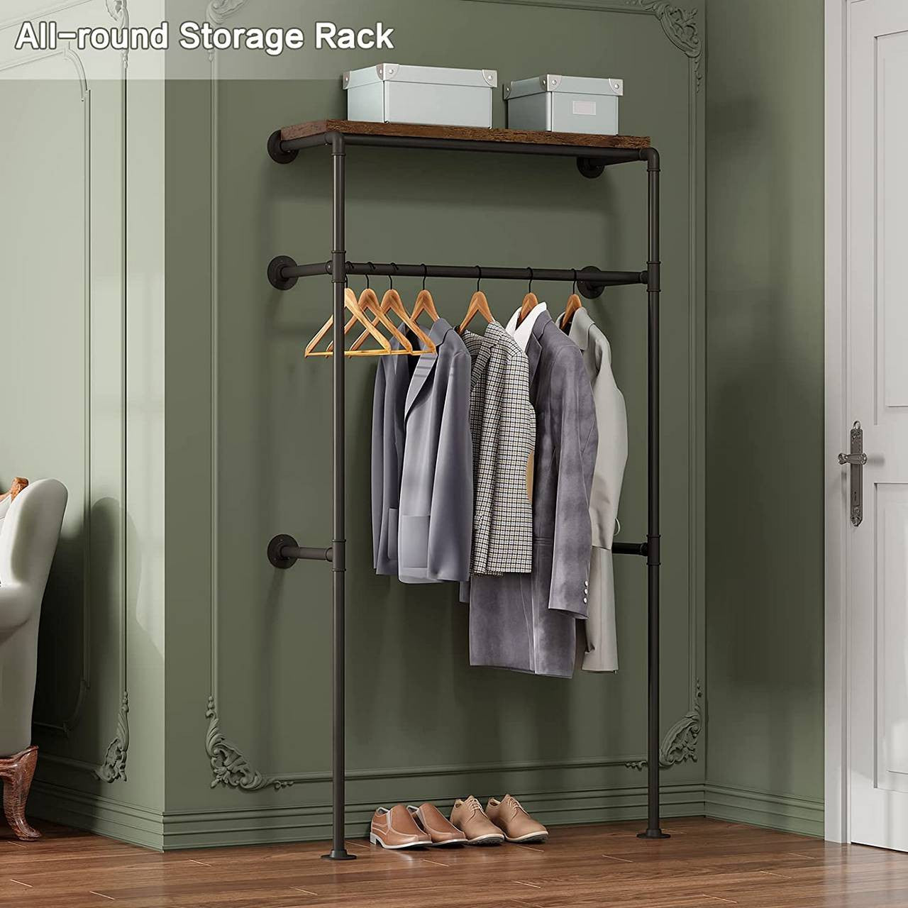 24goodz Industrial Style Clothes Rail - Robust and Stable - MDF + Metal - Black + Vintage Wood Grain - 103x35x187cm - shei