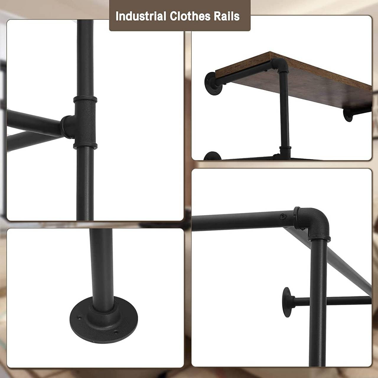 24goodz Industrial Style Clothes Rail - Robust and Stable - MDF + Metal - Black + Vintage Wood Grain - 103x35x187cm - shei