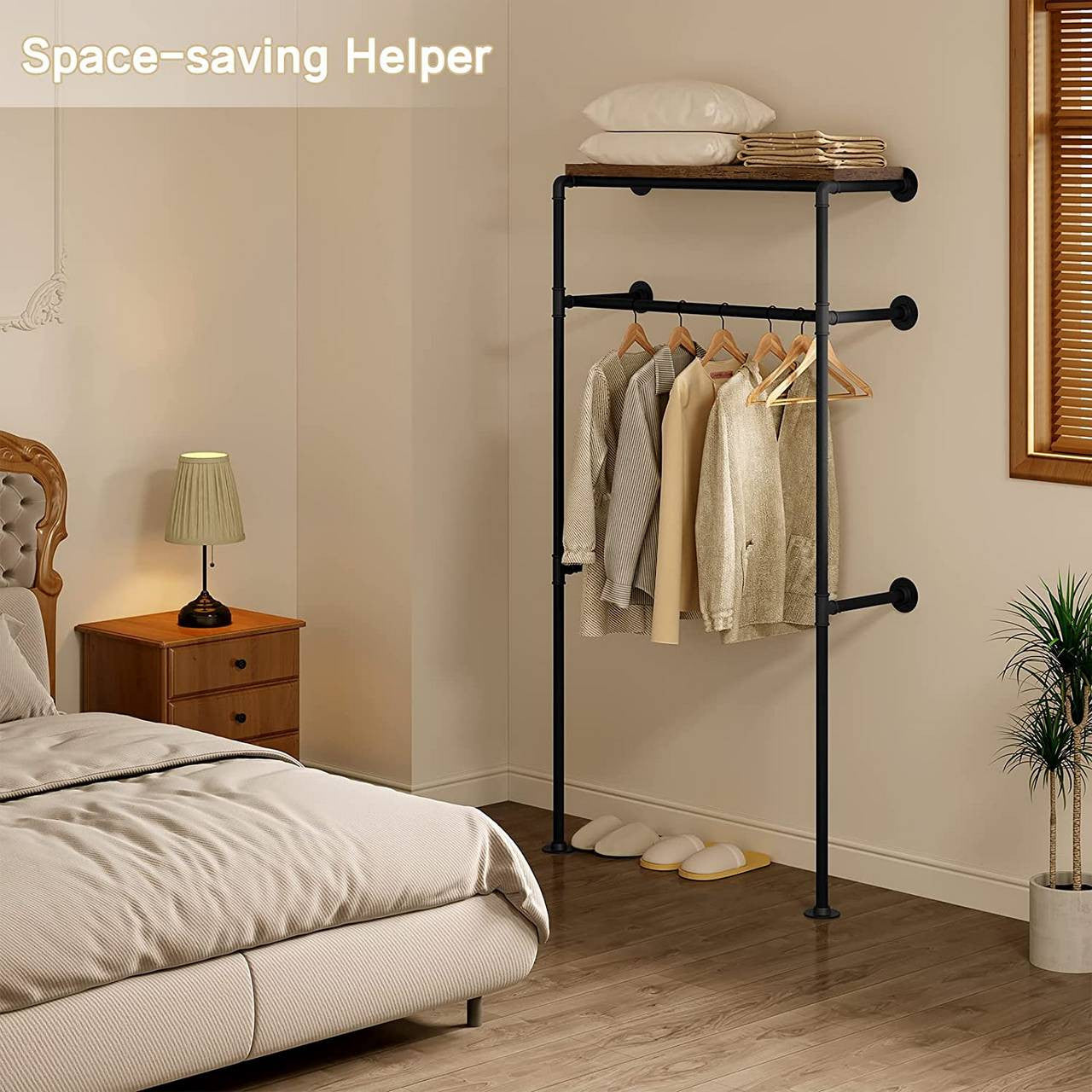 24goodz Industrial Style Clothes Rail - Space-Saving Design - Robust and Stable - MDF + Metal - Black + Vintage Wood Grain - 103x35x187 cm
