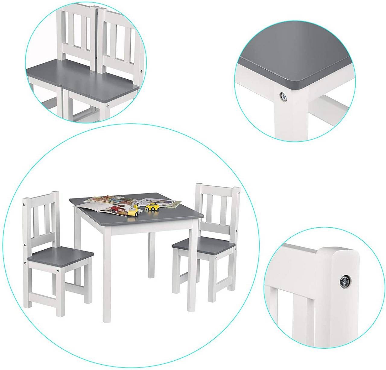 24goodz Kids Table and Chair Set - Spacious Design for 4 Children - High-Quality MDF - For Children from 2 Years - White/Grey