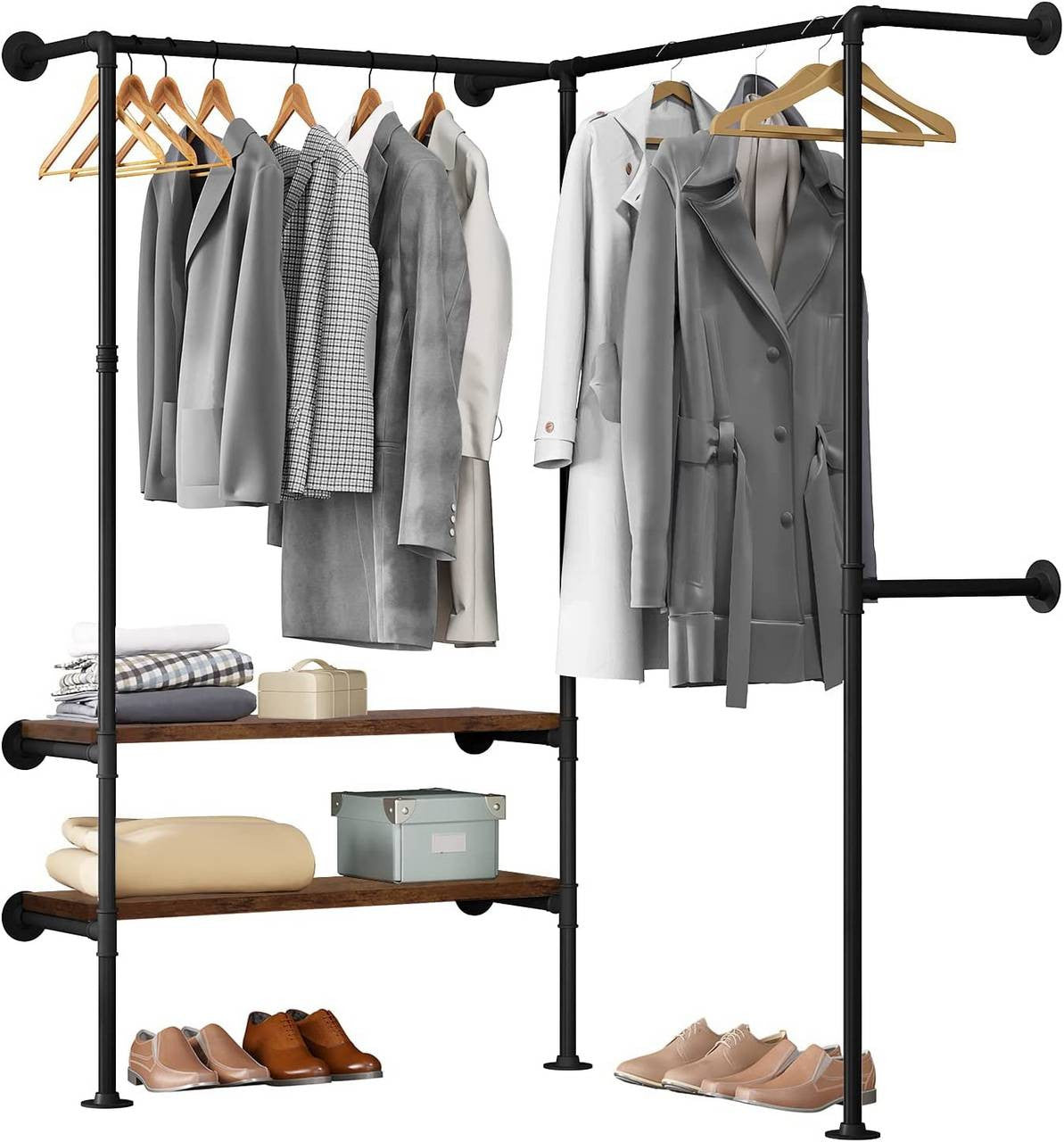 24goodz Corner Clothes Rack - Space-Saving Design - High-Quality Steel and MDF - For Home and Retail - Black + Vintage Wood Grain - shei