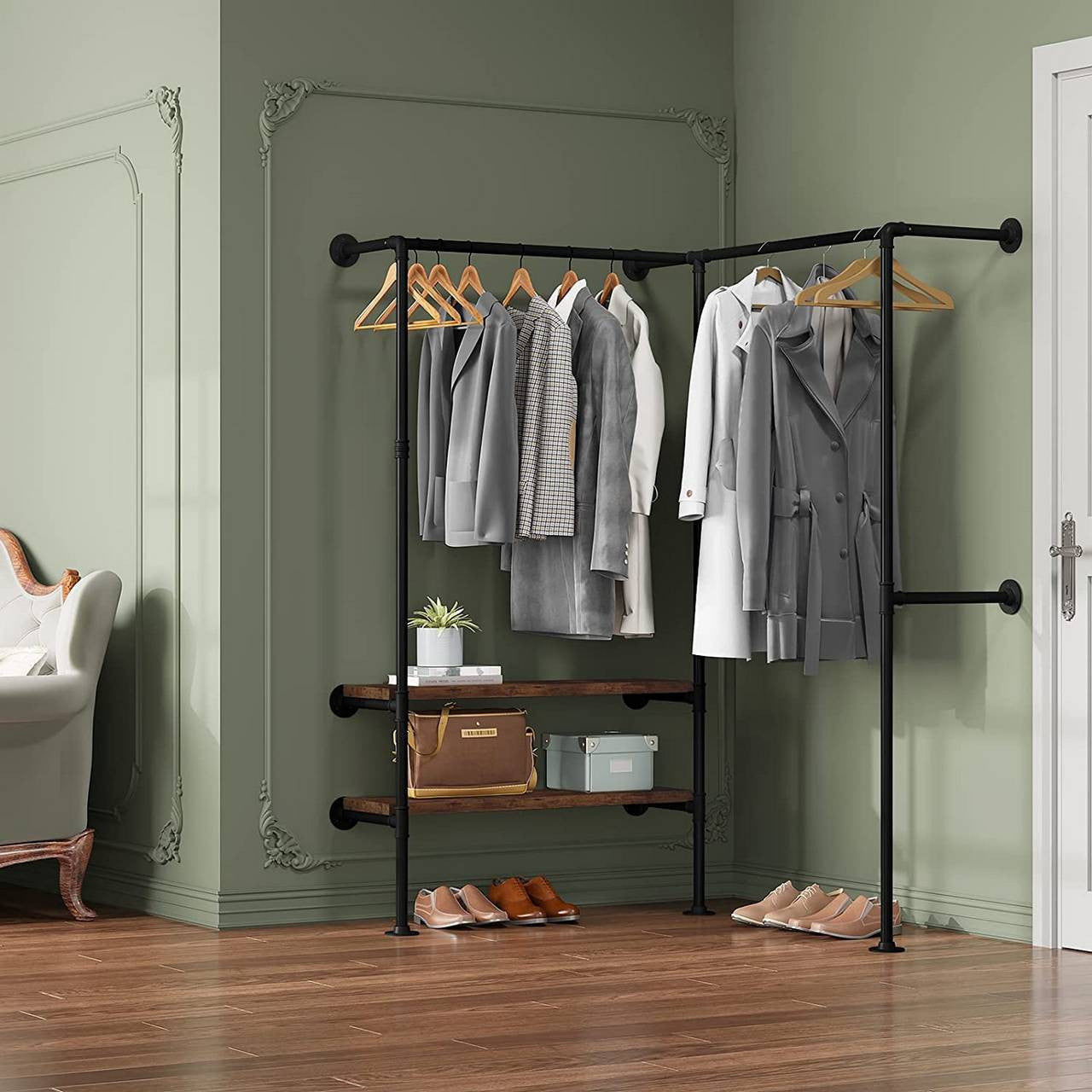 24goodz Corner Clothes Rack - Space-Saving Design - High-Quality Steel and MDF - For Home and Retail - Black + Vintage Wood Grain - shei