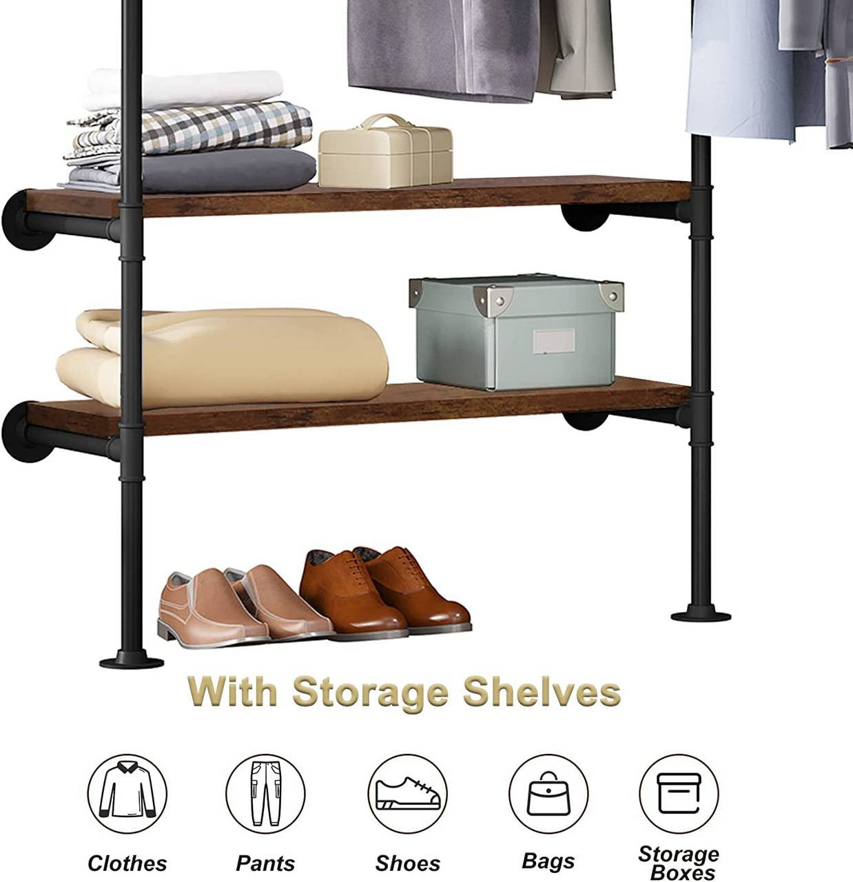 24goodz Corner Clothes Rack - Space-Saving Design - High-Quality Steel and MDF - For Home and Retail - Black + Vintage Wood Grain - shei