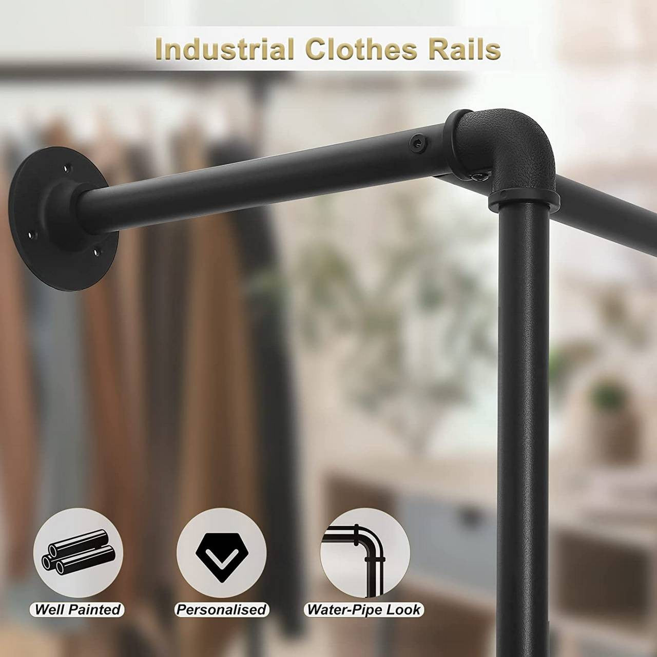 24goodz Corner Clothes Rack - Space-Saving Design - High-Quality Steel and MDF - For Home and Retail - Black + Vintage Wood Grain - shei